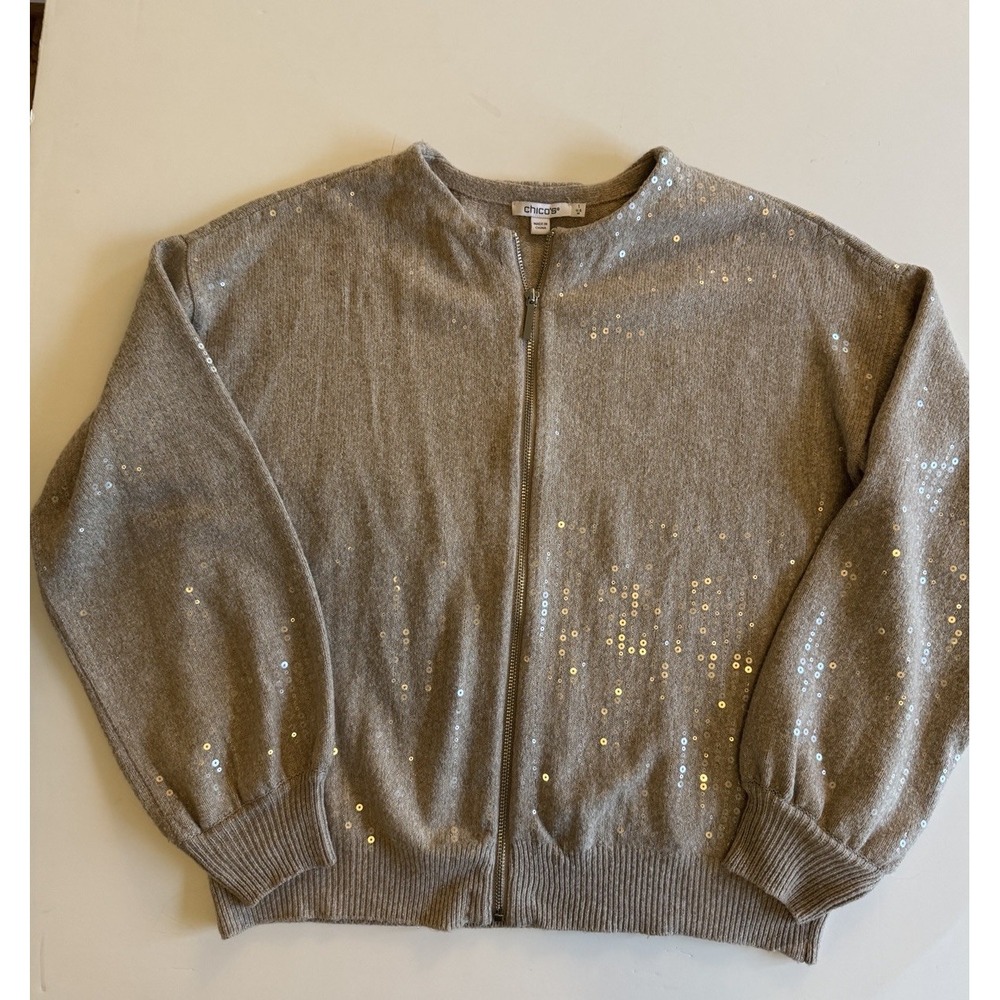 Chicos Taupe Sequin Bomber Jacket Women's Size 1 New $139*